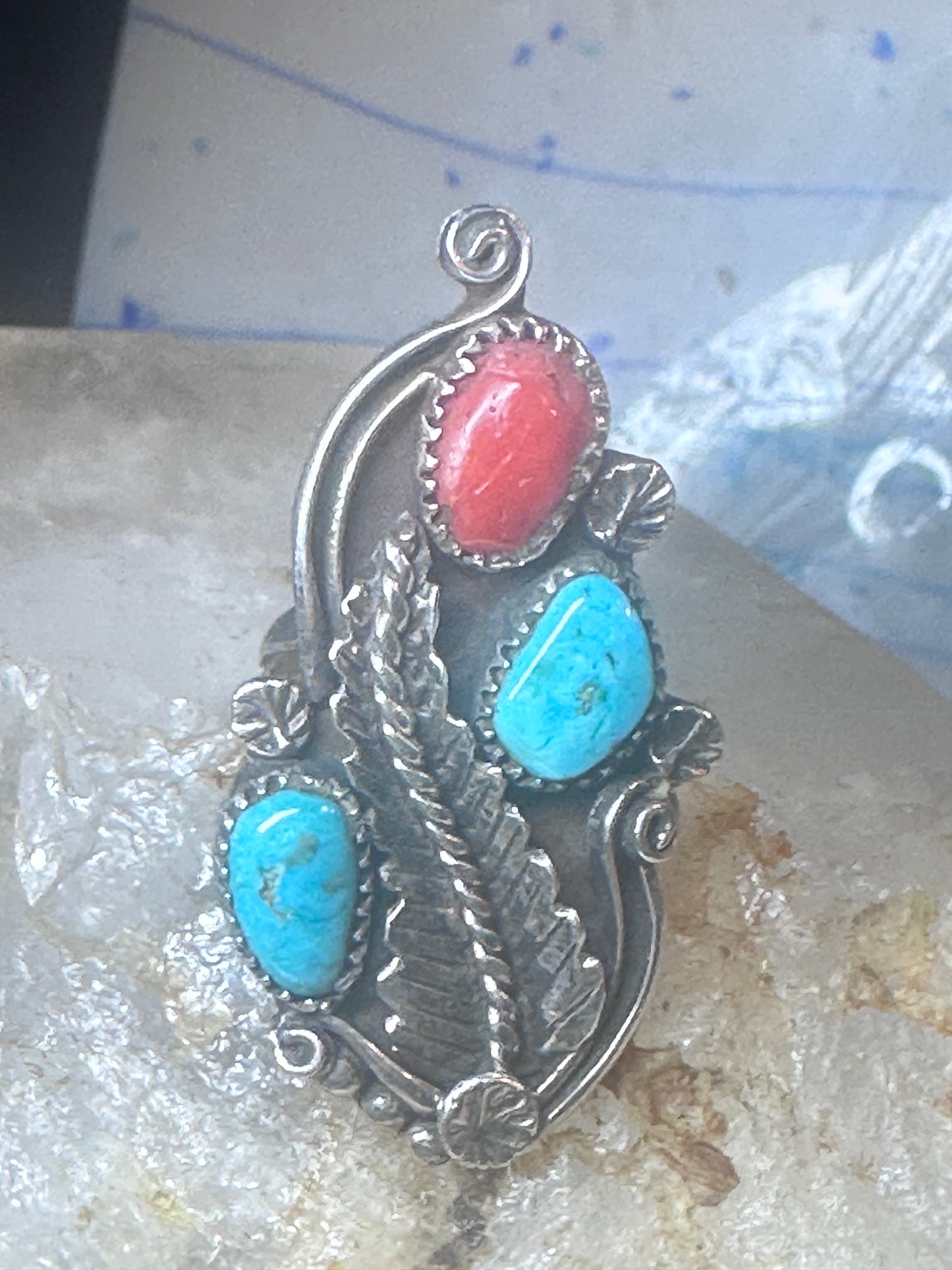 Long Navajo Ring Turquoise Coral leaves flower sterling silver size 6 women
