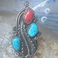 Long Navajo Ring Turquoise Coral leaves flower sterling silver size 6 women