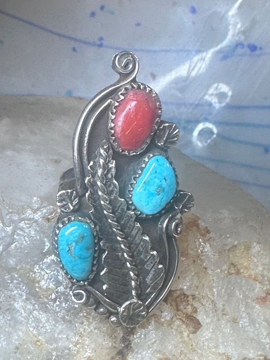 Long Navajo Ring Turquoise Coral leaves flower sterling silver size 6 women