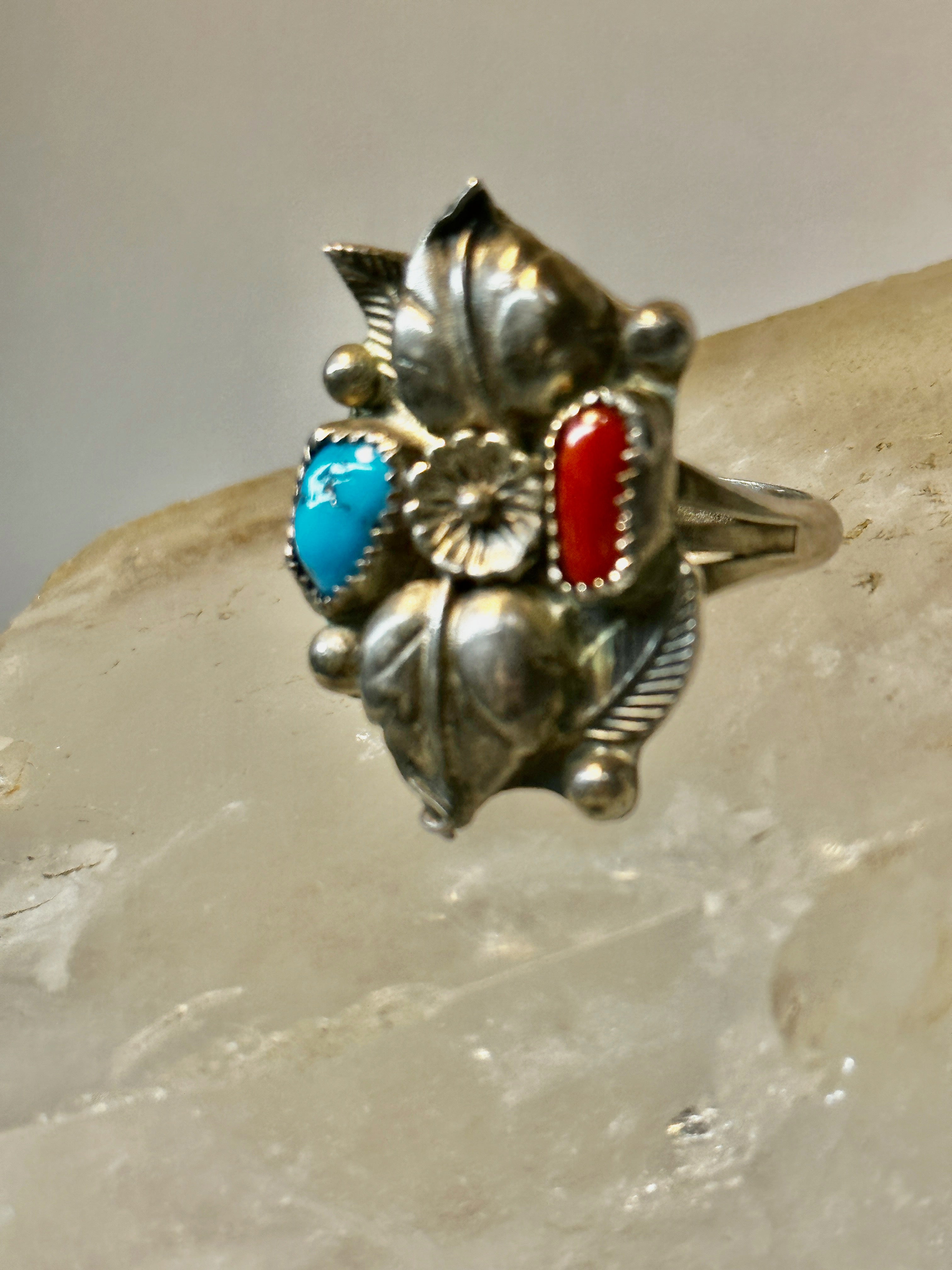 Squash Blossom ring Turquoise coral size 9.75 Navajo sterling silver w SpiritbeadNW