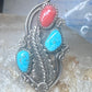 Long Navajo Ring Turquoise Coral leaves flower sterling silver size 6 women