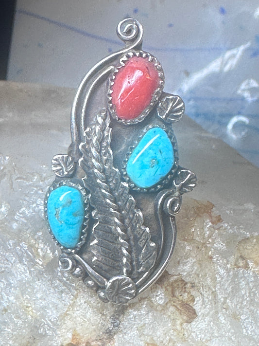 Long Navajo Ring Turquoise Coral leaves flower sterling silver size 6 women