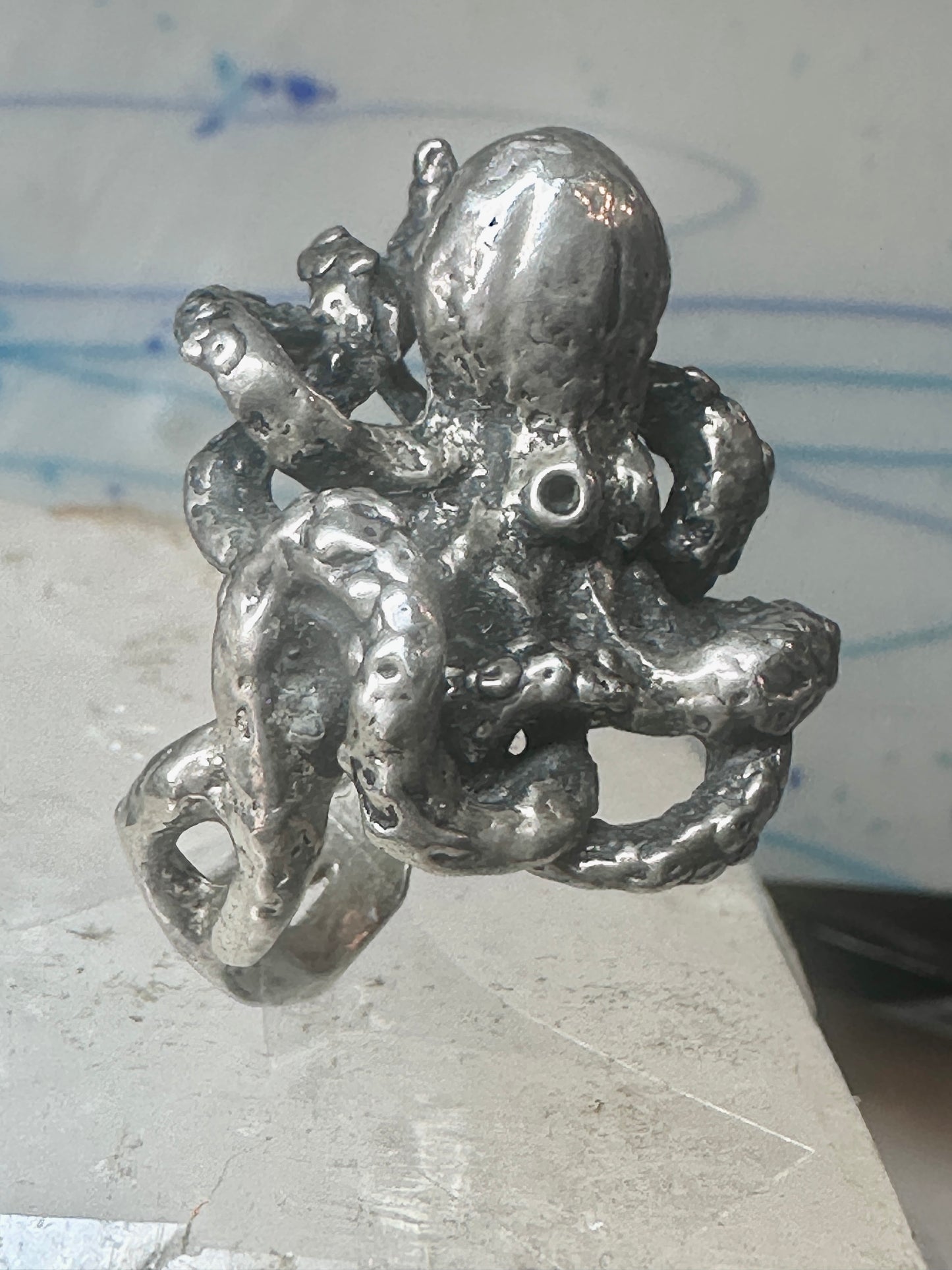 Octopus Ring Ocean brutalist  band sterling silver size 6 women