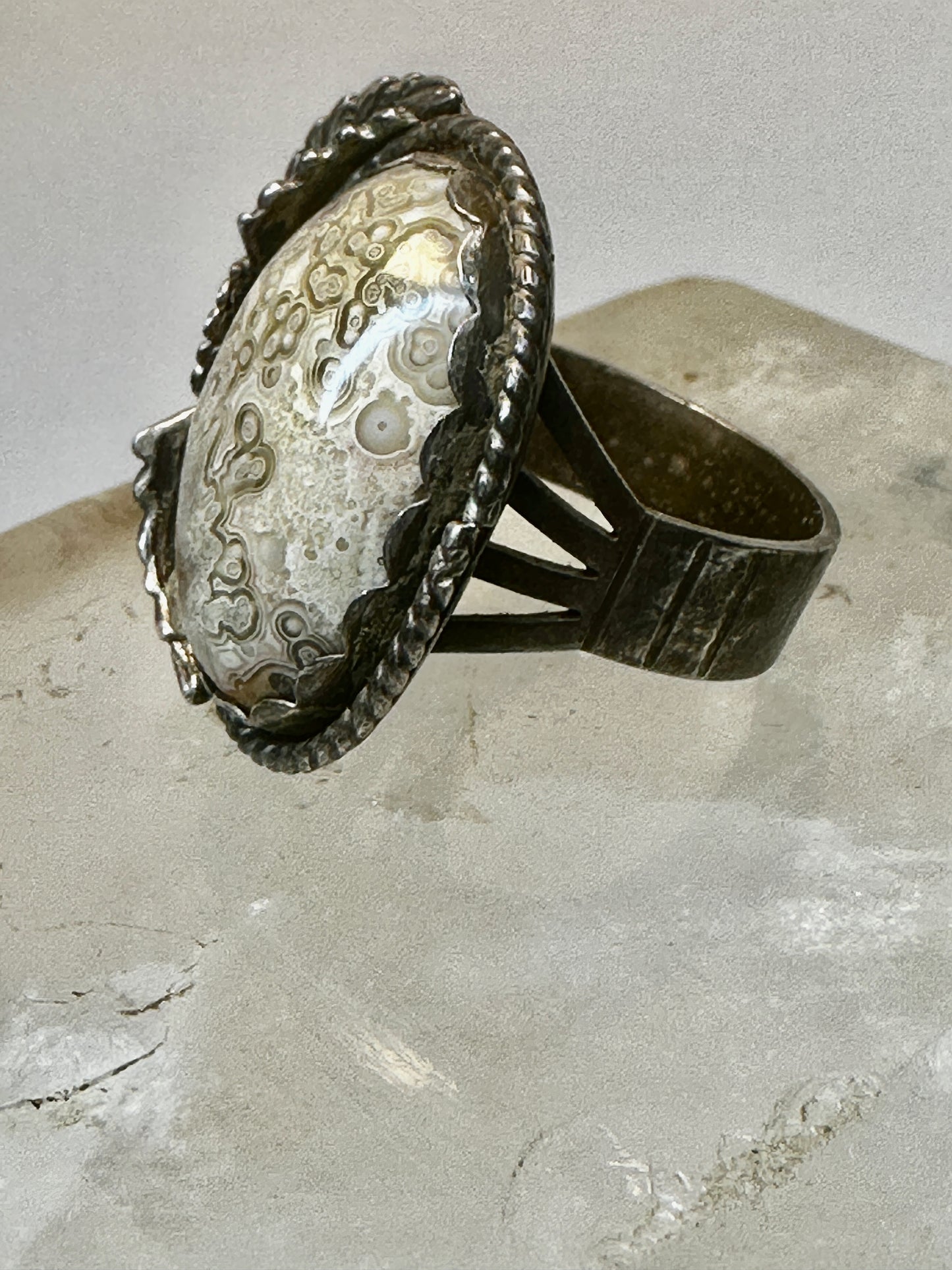 Ocean jasper ring size 11.50 Navajo squash blossom sterling silver women