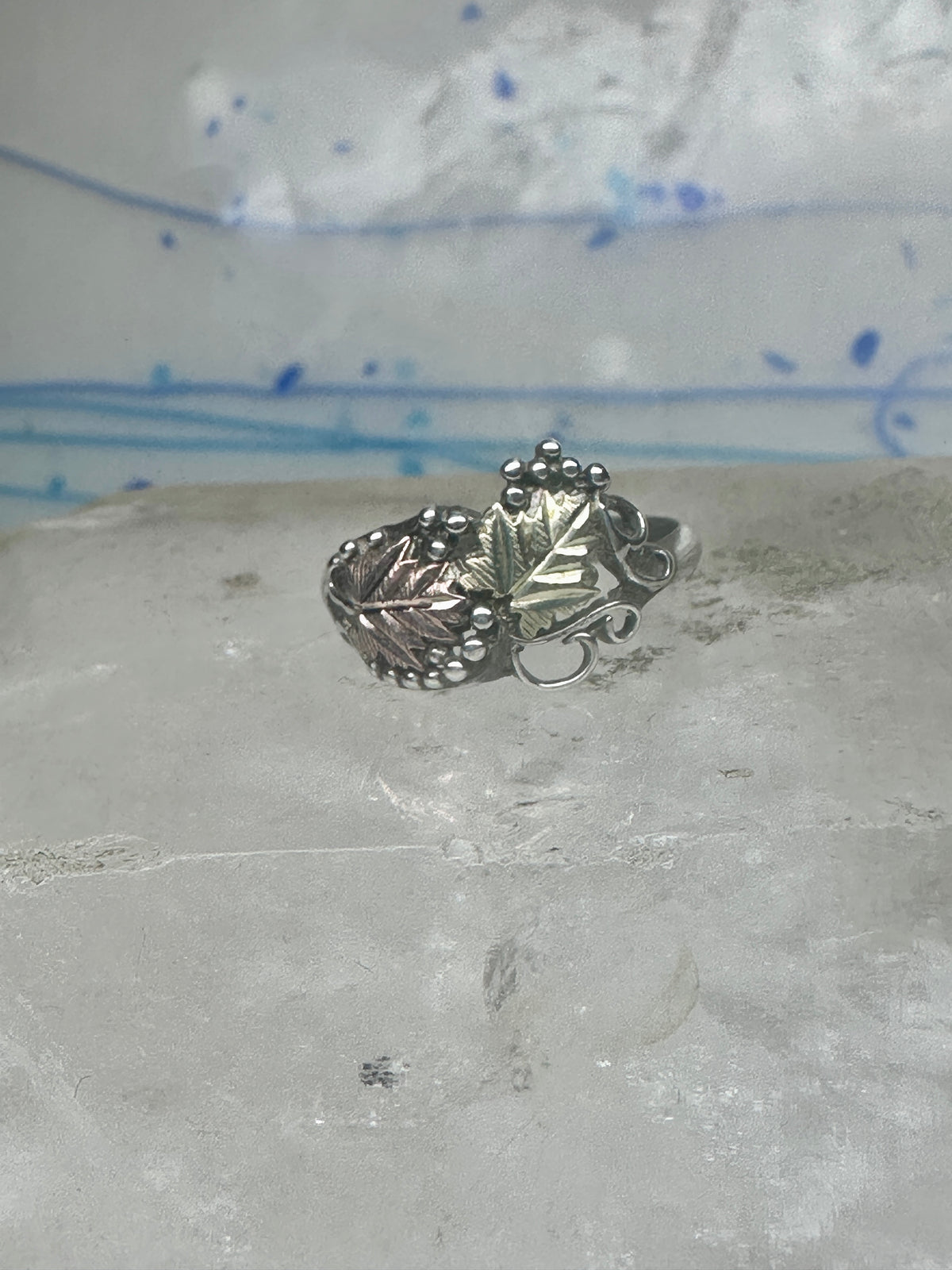Vintage Sterling Silver 12K Gold Black Hills Gold Style Grape Leaf Ring Size 2.75 - 3 925