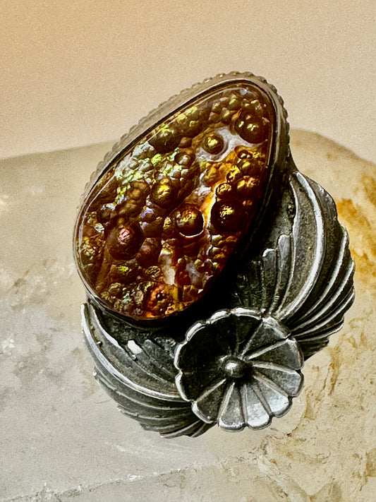 Fire Agate ring size 10 Navajo squash blossom sterling silver women