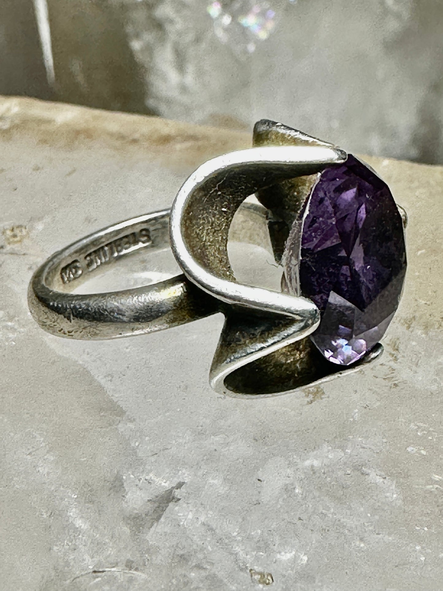 Purple ring cocktail size 4.25 pinky sterling silver vintage women girls