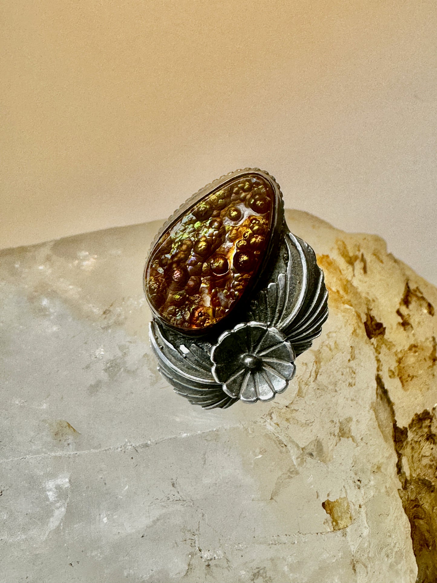 Fire Agate ring size 10 Navajo squash blossom sterling silver women