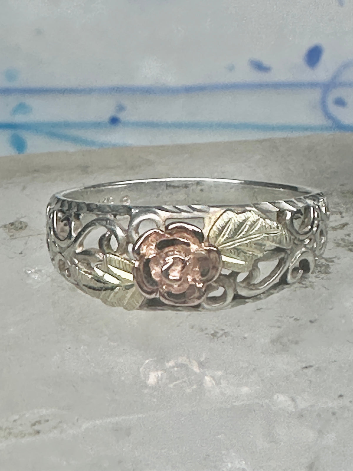 Vintage Sterling Silver 12K Gold Black Hills Gold Style Rose Filigree Ring Band Size 8 925