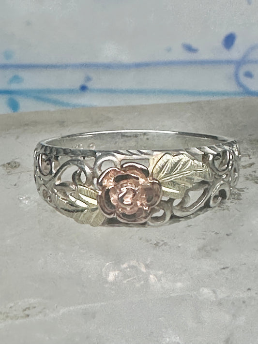 Vintage Sterling Silver 12K Gold Black Hills Gold Style Rose Filigree Ring Band Size 8 925
