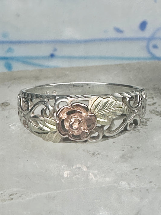 Vintage Sterling Silver 12K Gold Black Hills Gold Style Rose Filigree Ring Band Size 8 925