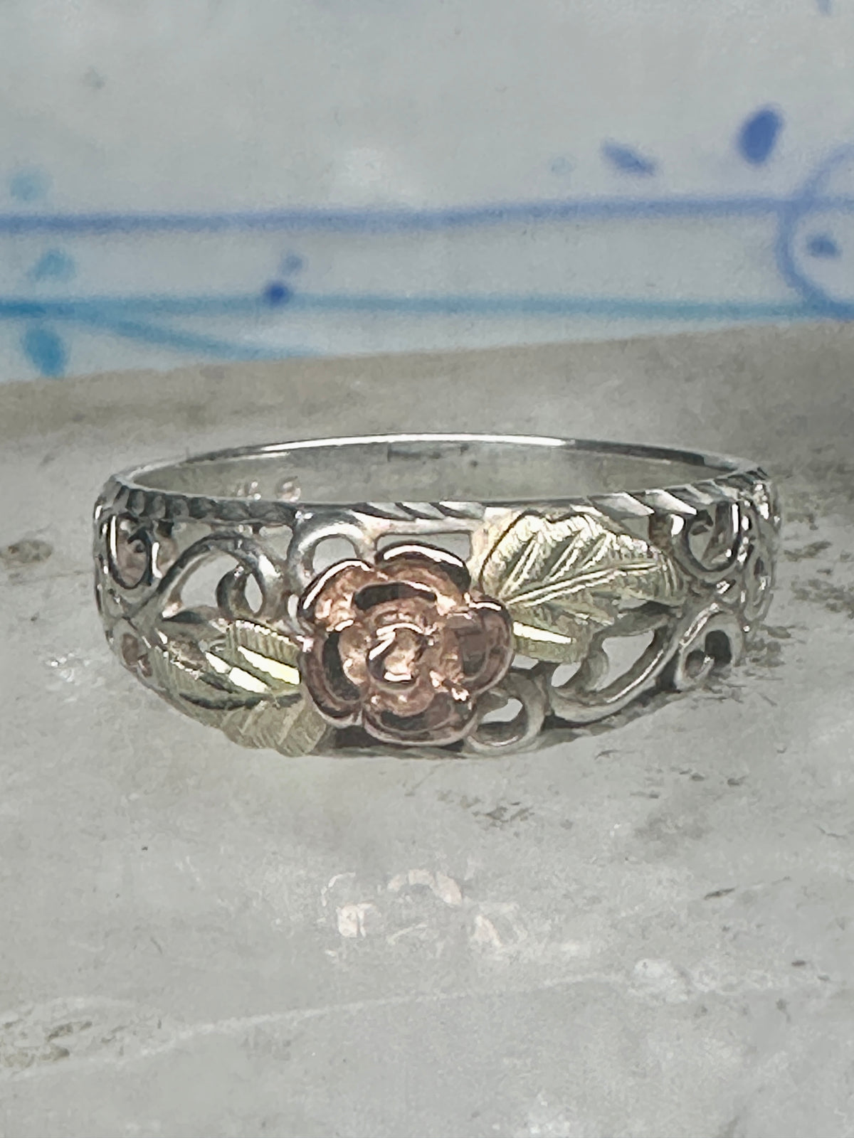 Vintage Sterling Silver 12K Gold Black Hills Gold Style Rose Filigree Ring Band Size 8 925