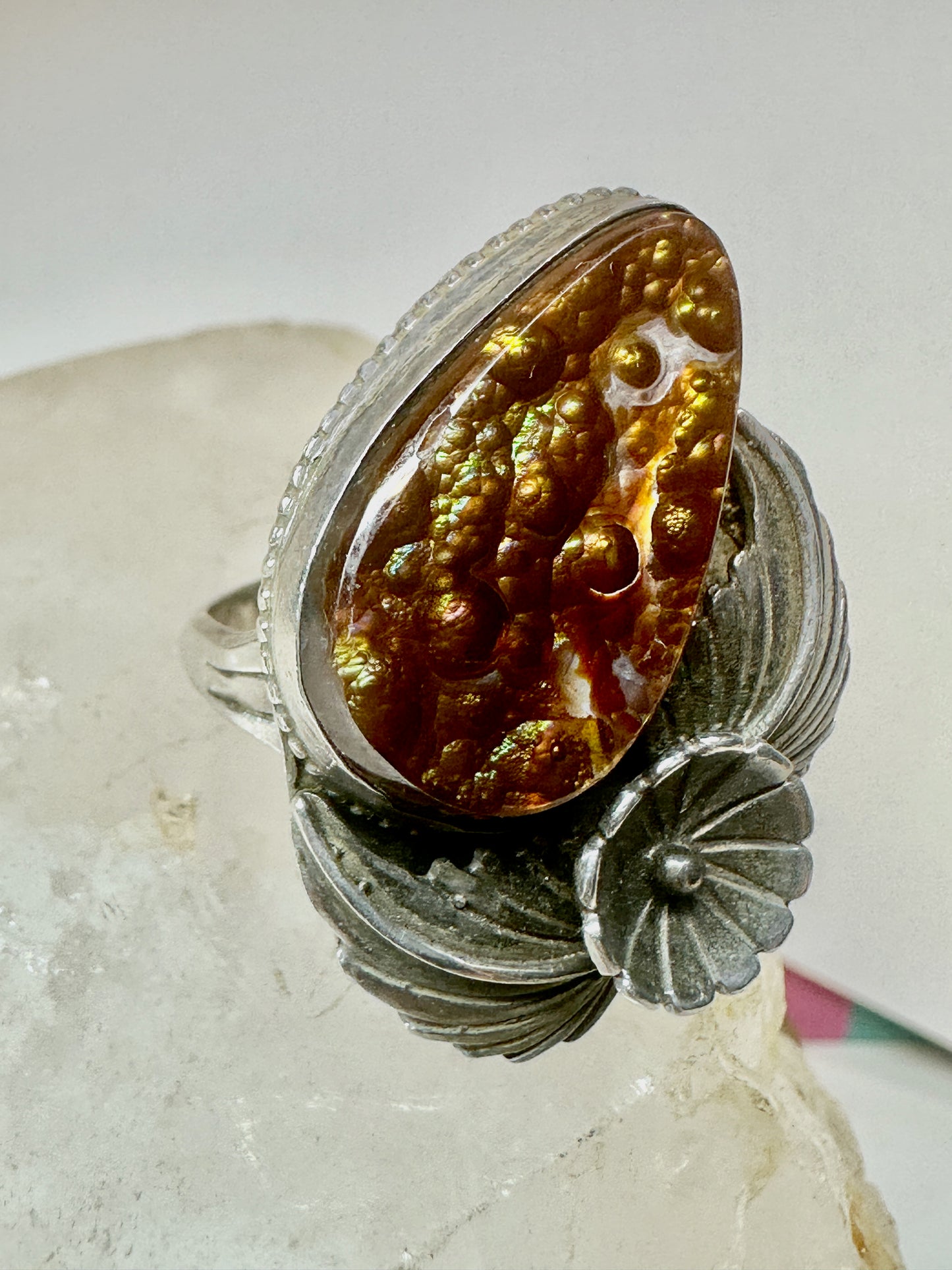 Fire Agate ring size 10 Navajo squash blossom sterling silver women