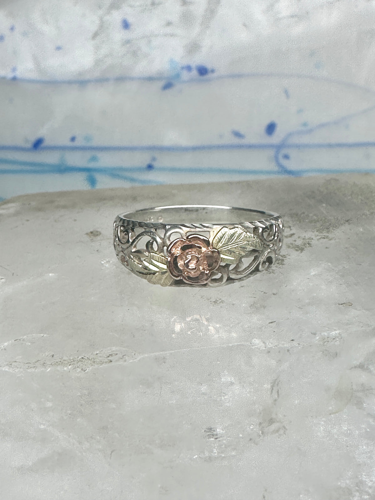 Vintage Sterling Silver 12K Gold Black Hills Gold Style Rose Filigree Ring Band Size 8 925