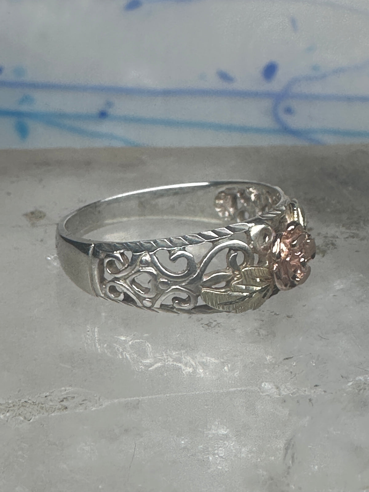 Vintage Sterling Silver 12K Gold Black Hills Gold Style Rose Filigree Ring Band Size 8 925
