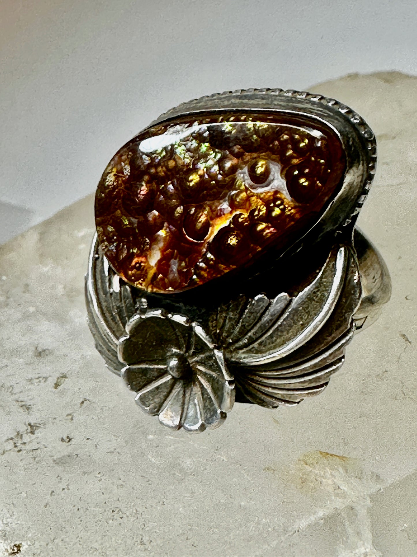 Fire Agate ring size 10 Navajo squash blossom sterling silver women