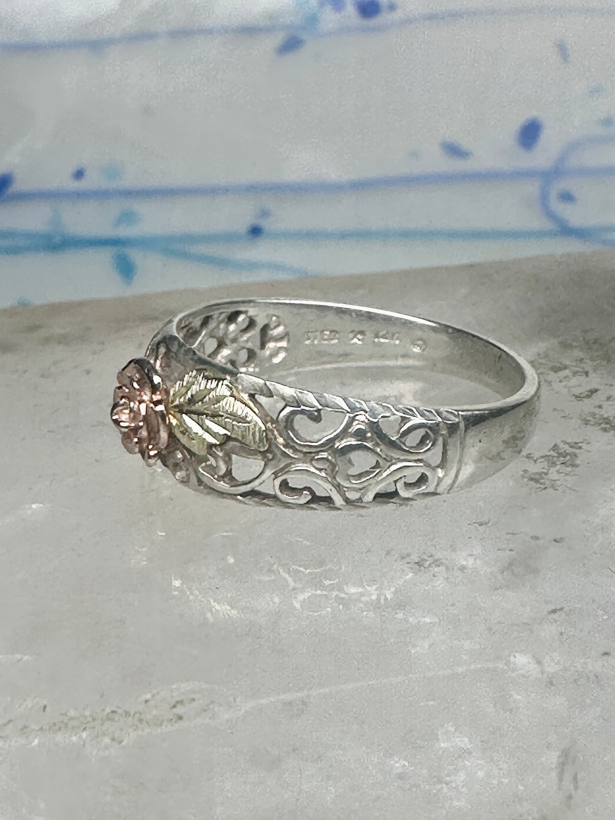 Vintage Sterling Silver 12K Gold Black Hills Gold Style Rose Filigree Ring Band Size 8 925