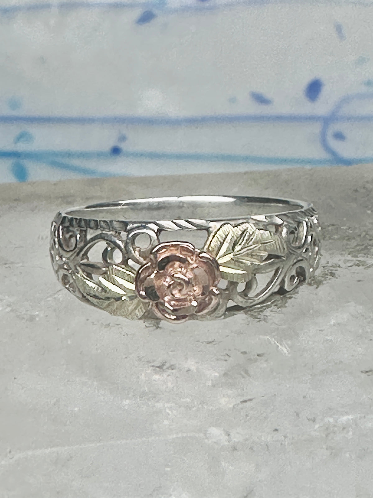 Vintage Sterling Silver 12K Gold Black Hills Gold Style Rose Filigree Ring Band Size 8 925