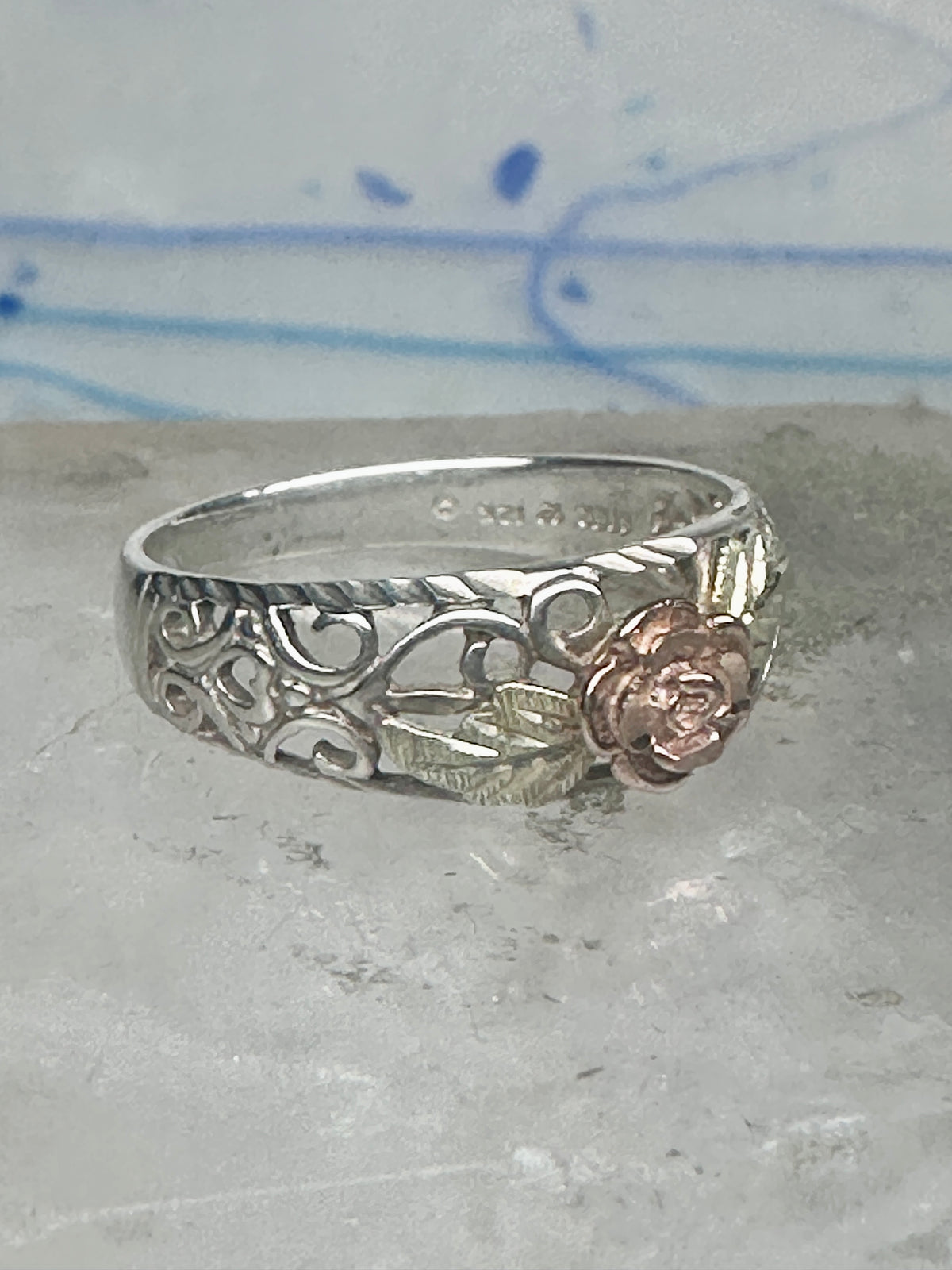 Vintage Sterling Silver 12K Gold Black Hills Gold Style Rose Filigree Ring Band Size 8 925