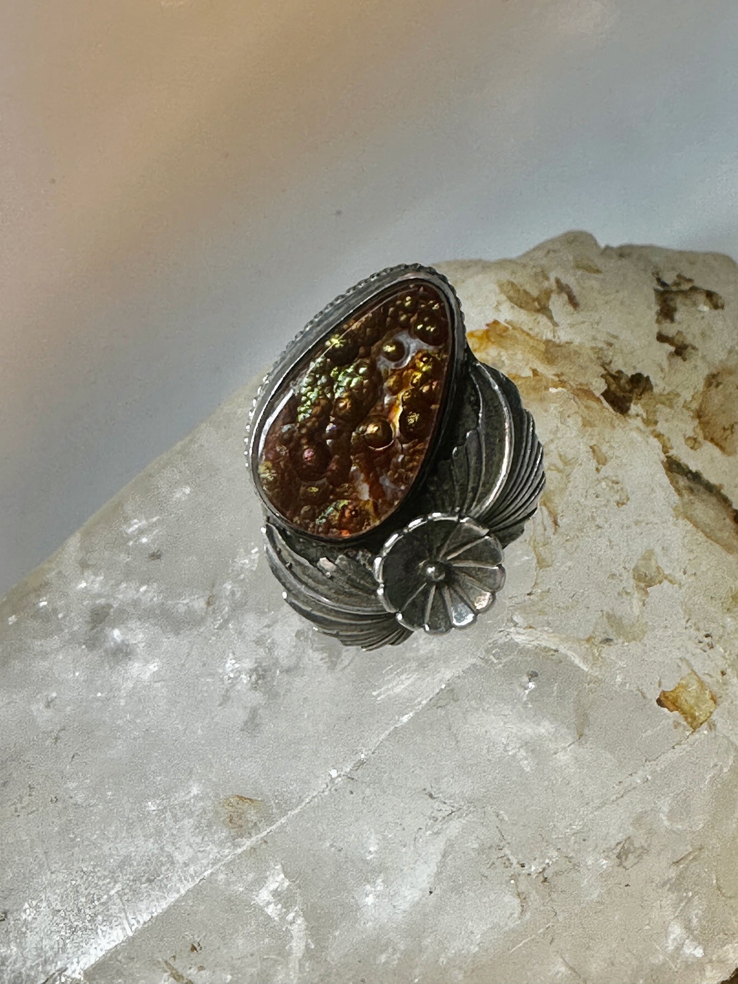 Fire Agate ring size 10 Navajo squash blossom sterling silver women