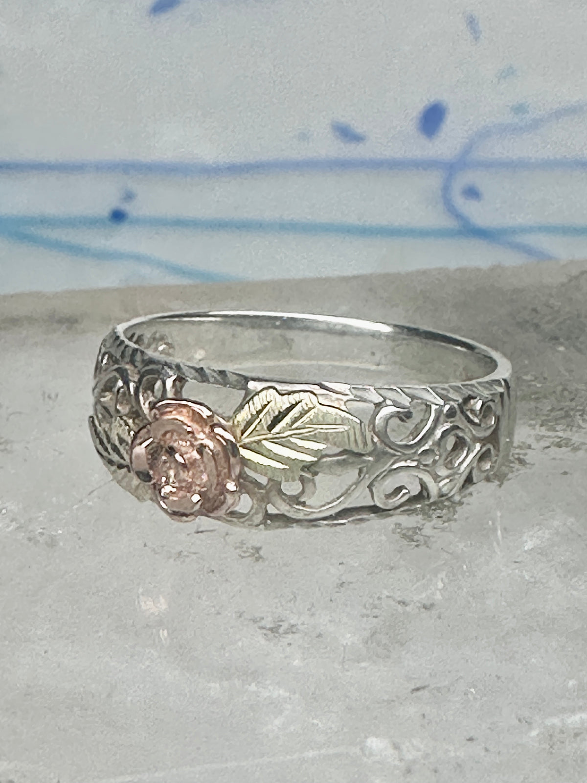 Vintage Sterling Silver 12K Gold Black Hills Gold Style Rose Filigree Ring Band Size 8 925