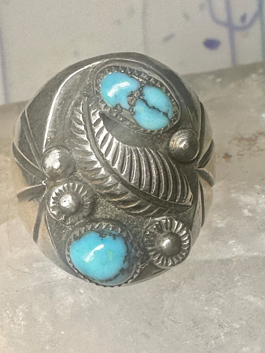 Navajo ring Turquoise feather leaf sign J Silversmith size 11 sterling silver women men