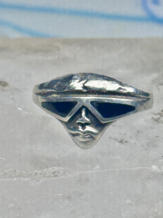 Vintage Sterling Silver Onyx Inlay Alien Futuristic Face Sunglasses Ring Size 6 925