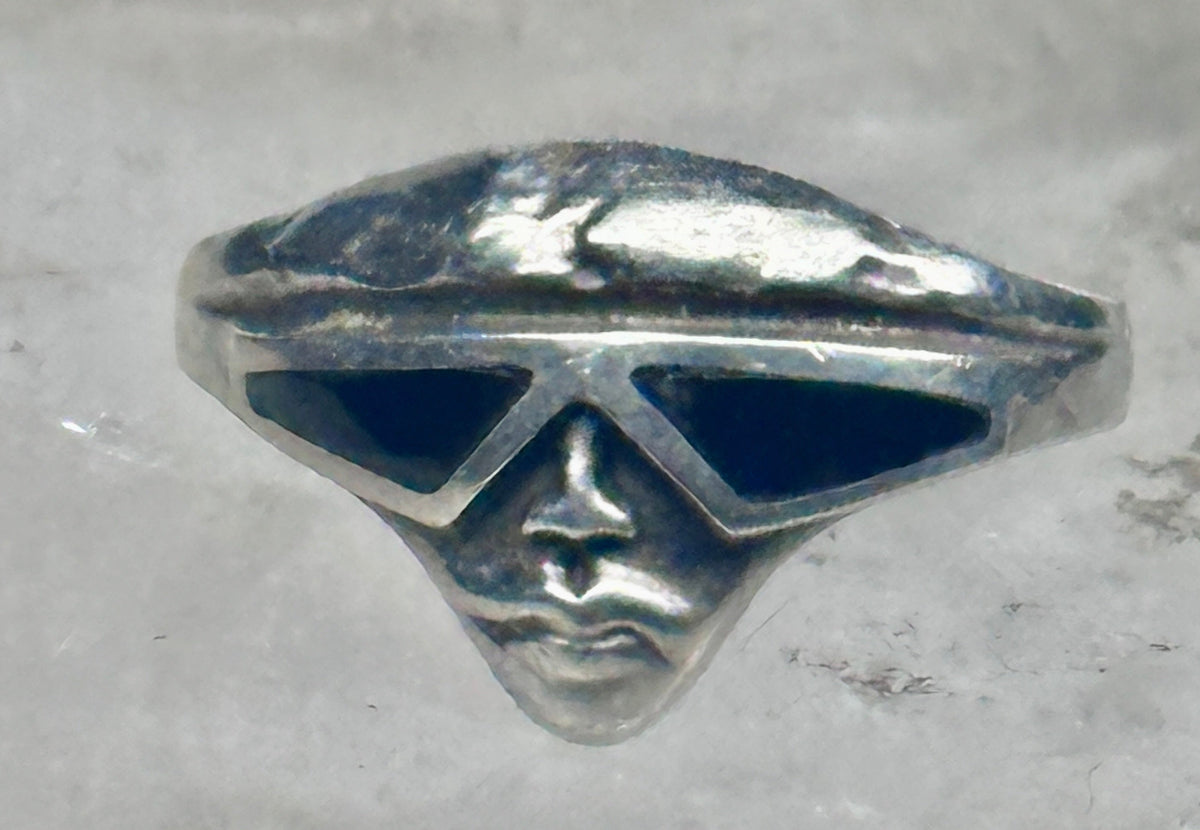 Vintage Sterling Silver Onyx Inlay Alien Futuristic Face Sunglasses Ring Size 6 925
