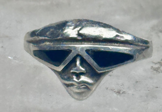 Vintage Sterling Silver Onyx Inlay Alien Futuristic Face Sunglasses Ring Size 6 925