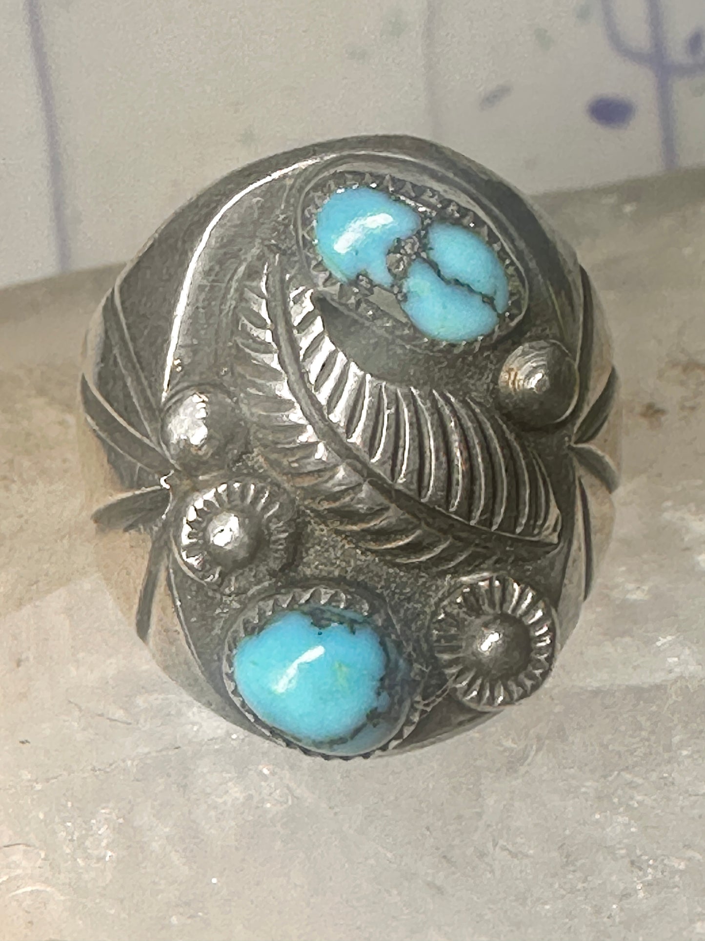 Navajo ring Turquoise feather leaf sign J Silversmith size 11 sterling silver women men