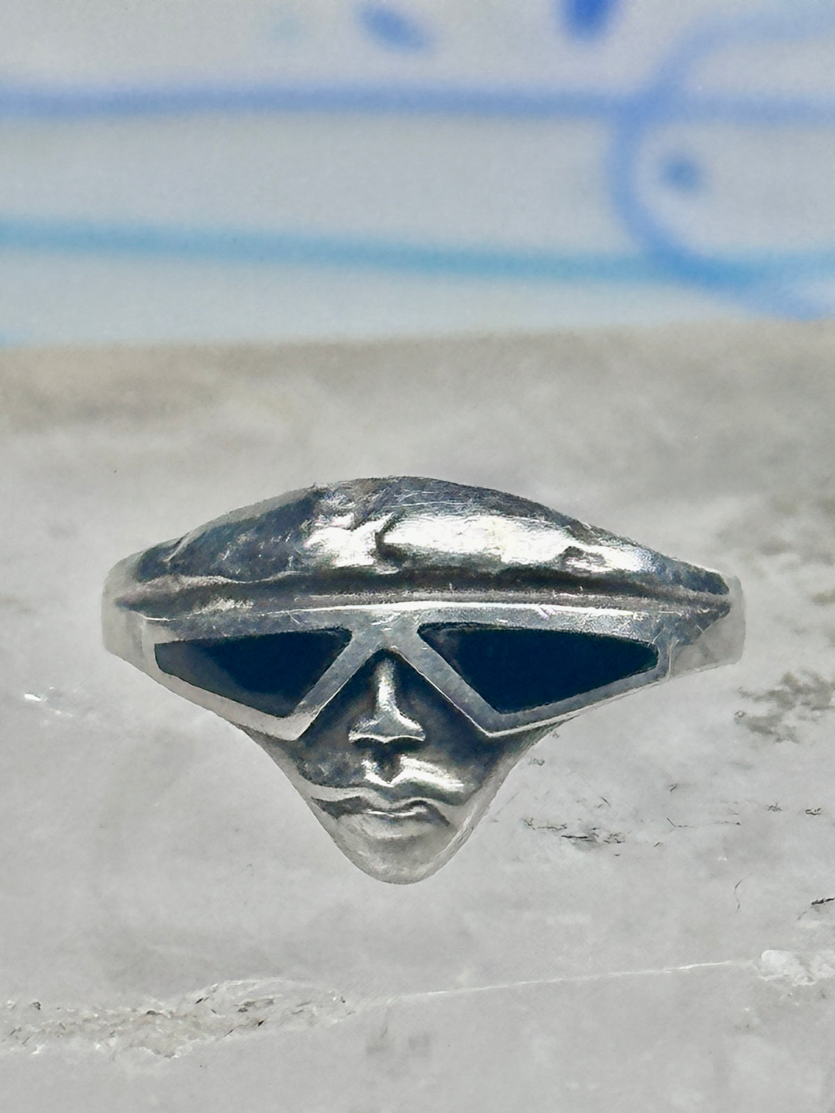Vintage Sterling Silver Onyx Inlay Alien Futuristic Face Sunglasses Ring Size 6 925