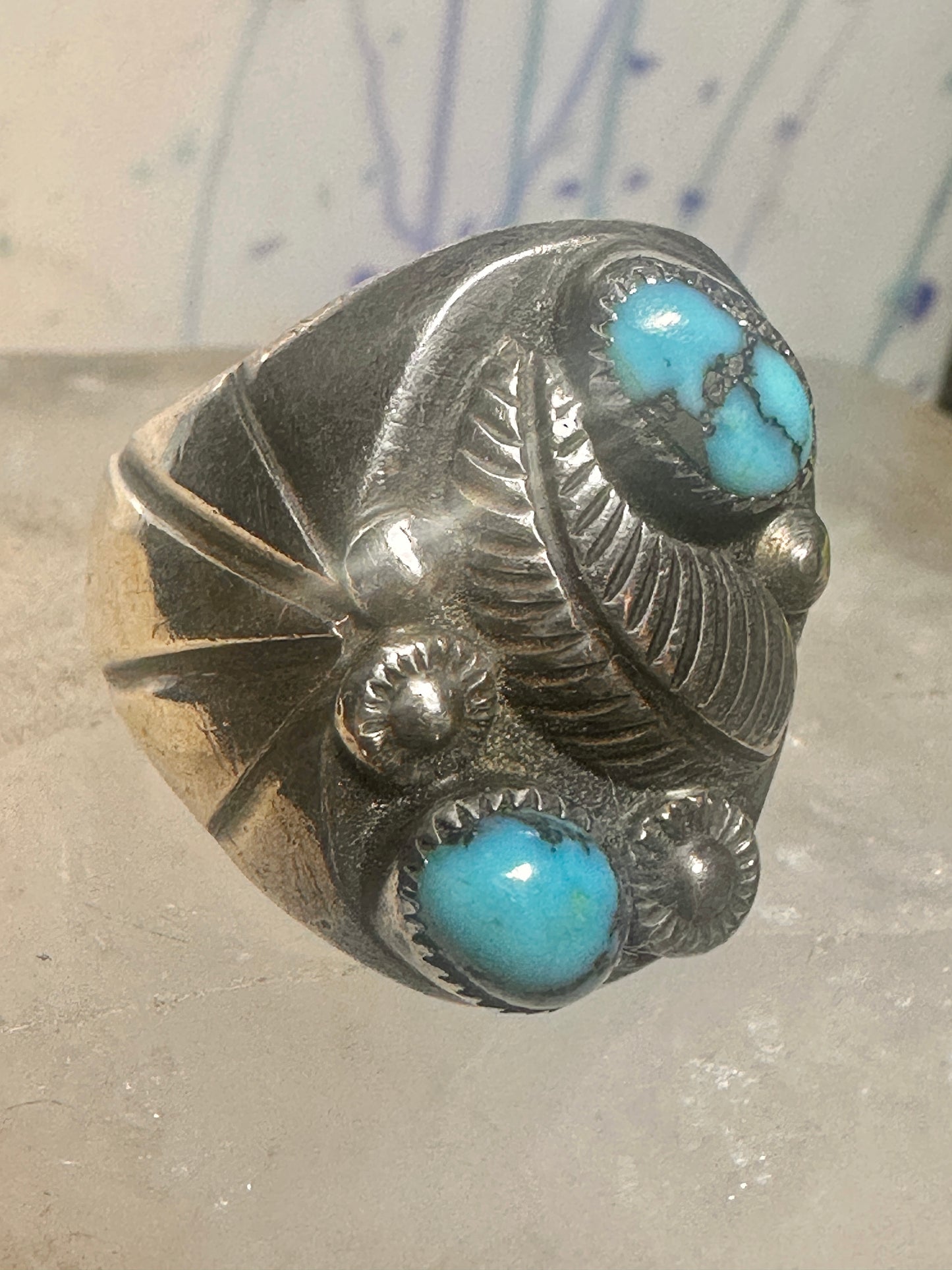 Navajo ring Turquoise feather leaf sign J Silversmith size 11 sterling silver women men