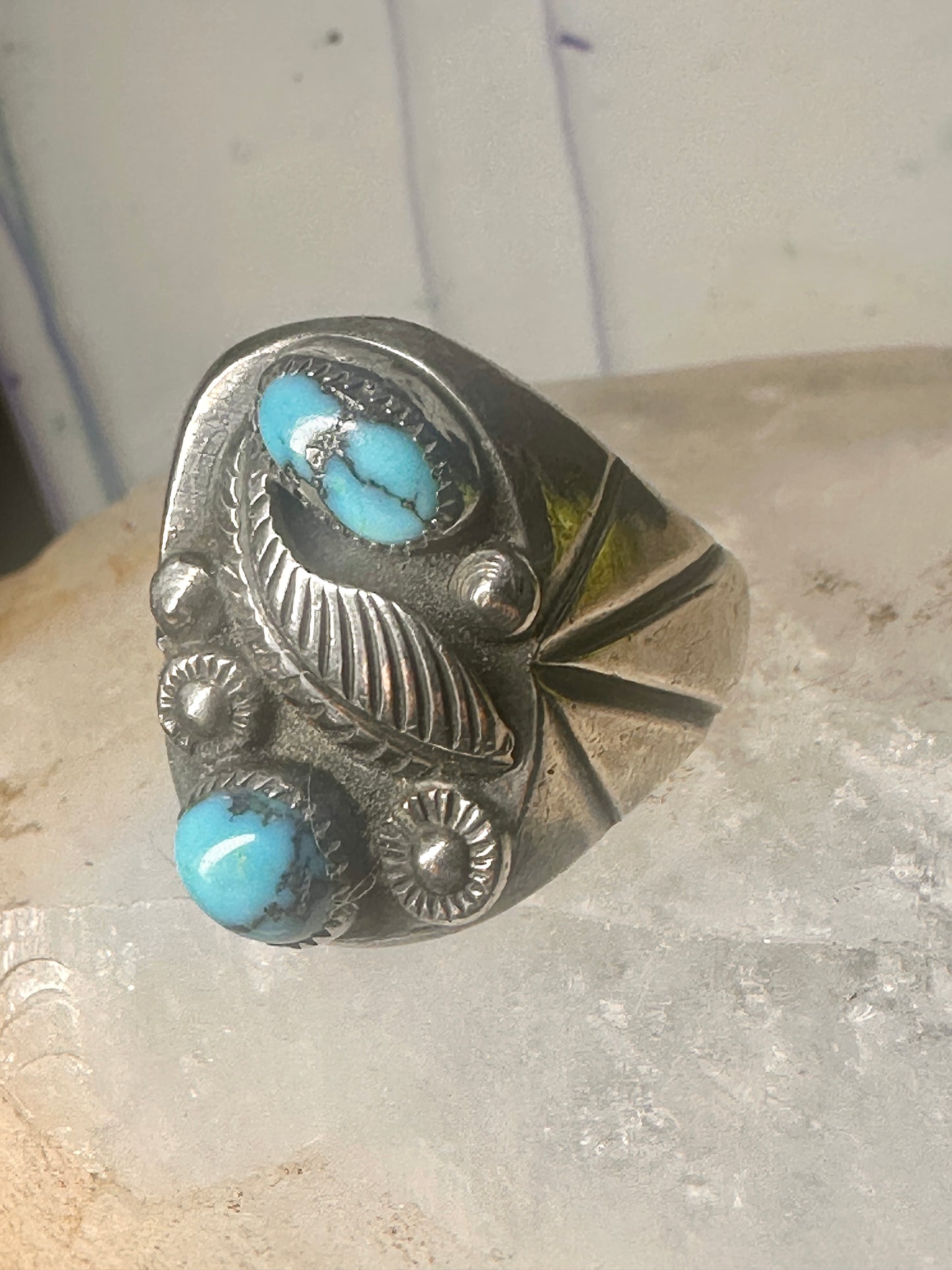 Navajo ring Turquoise feather leaf sign J Silversmith size 11 sterling silver women men