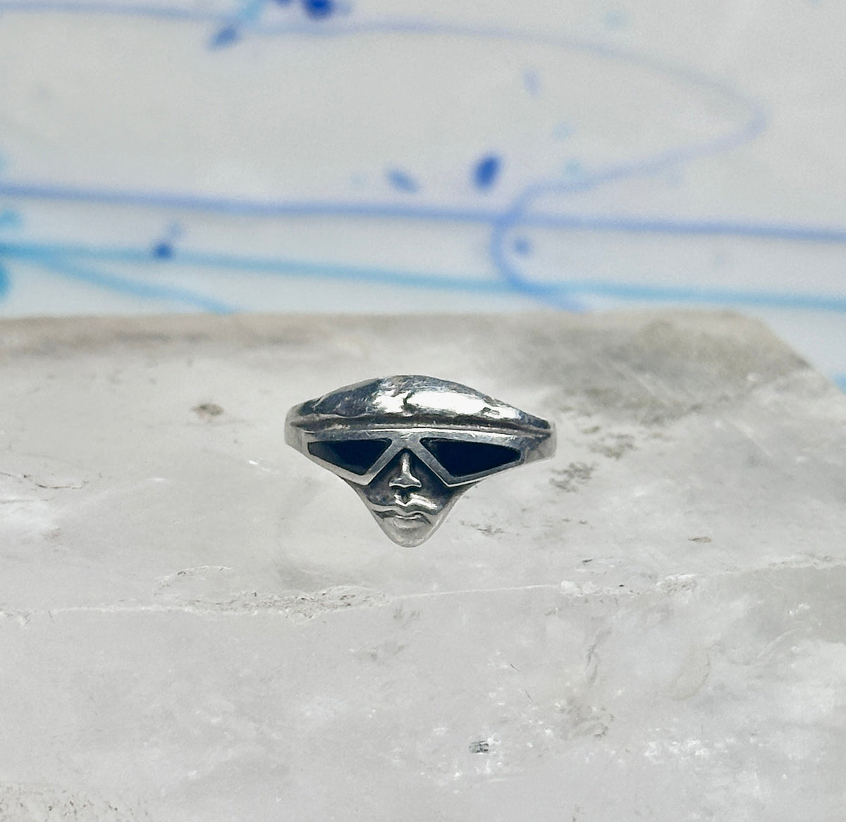 Vintage Sterling Silver Onyx Inlay Alien Futuristic Face Sunglasses Ring Size 6 925