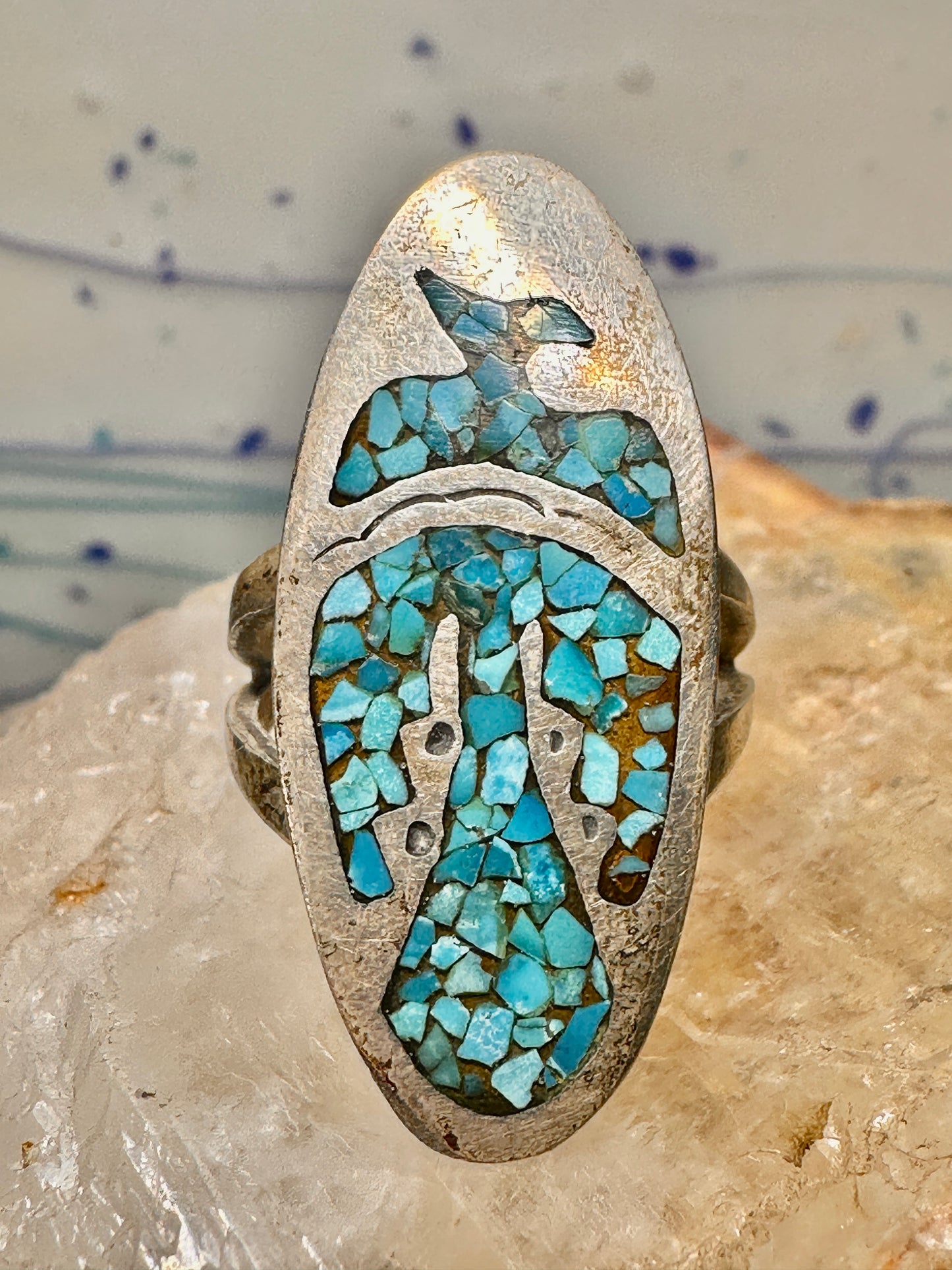 Long Phoenix ring southwest turquoise chips size 8 sterling silver women