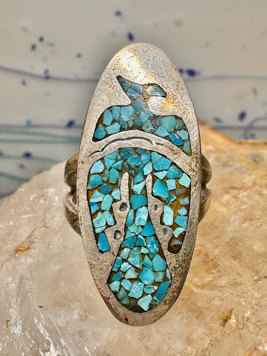 Long Phoenix ring southwest turquoise chips size 8 sterling silver women