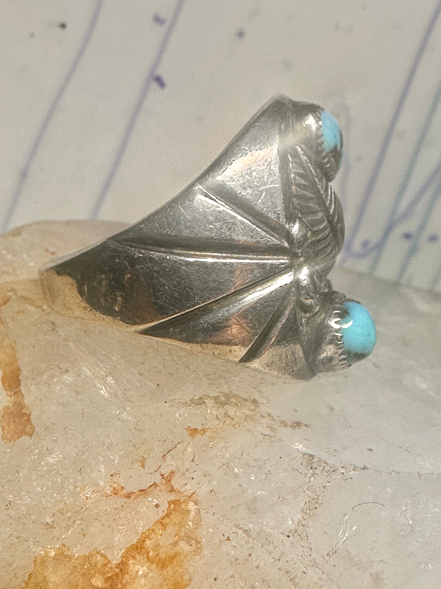 Navajo ring Turquoise feather leaf sign J Silversmith size 11 sterling silver women men