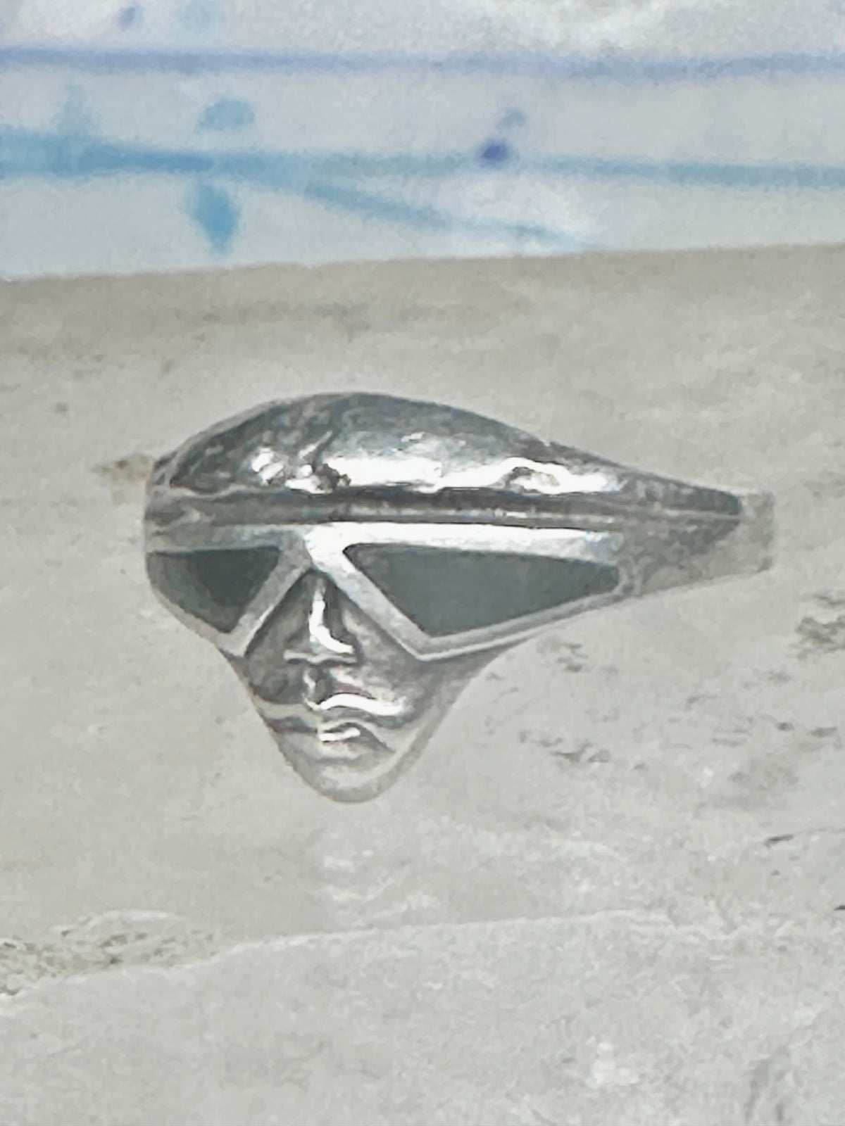Vintage Sterling Silver Onyx Inlay Alien Futuristic Face Sunglasses Ring Size 6 925