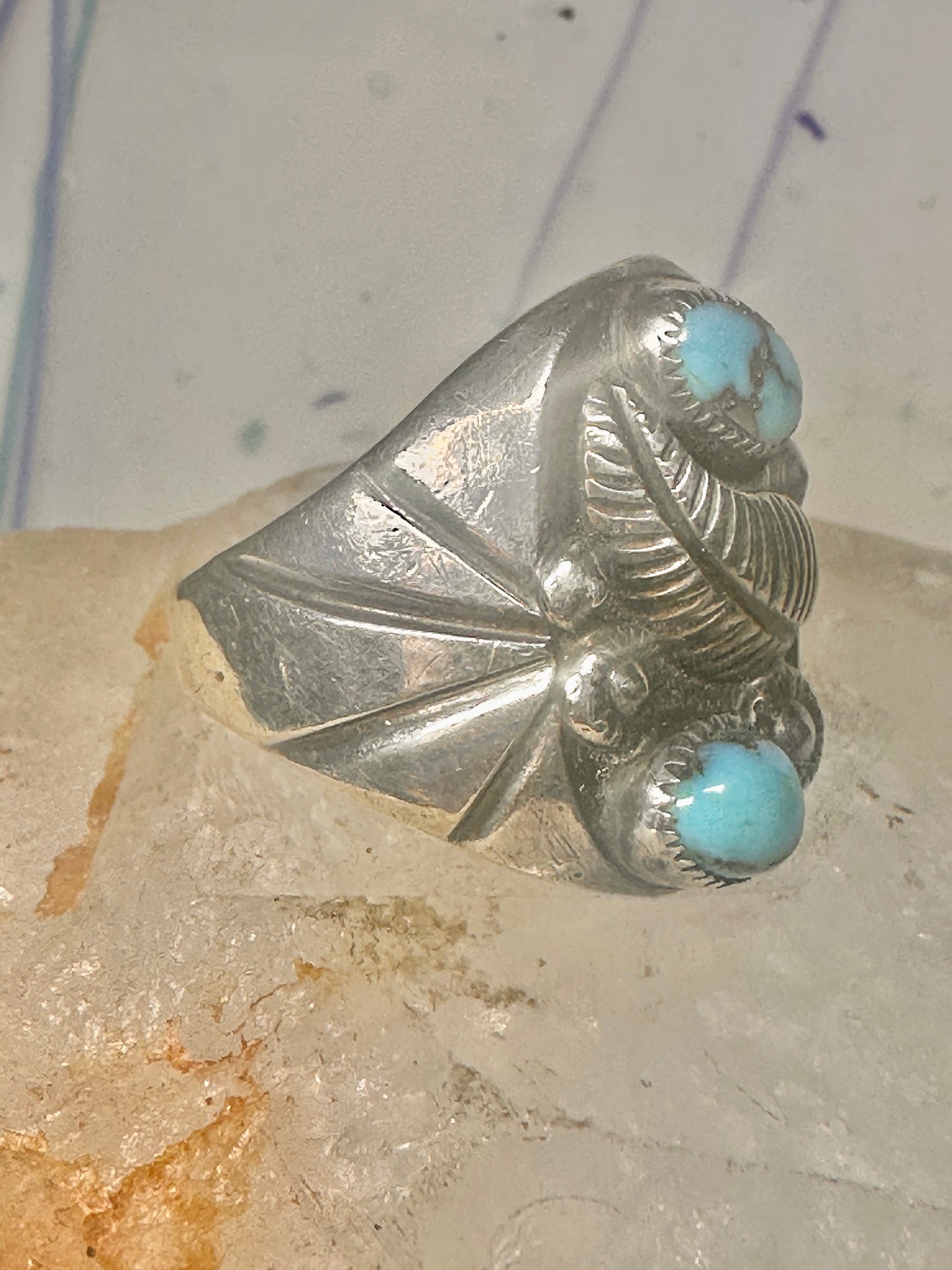Navajo ring Turquoise feather leaf sign J Silversmith size 11 sterling silver women men