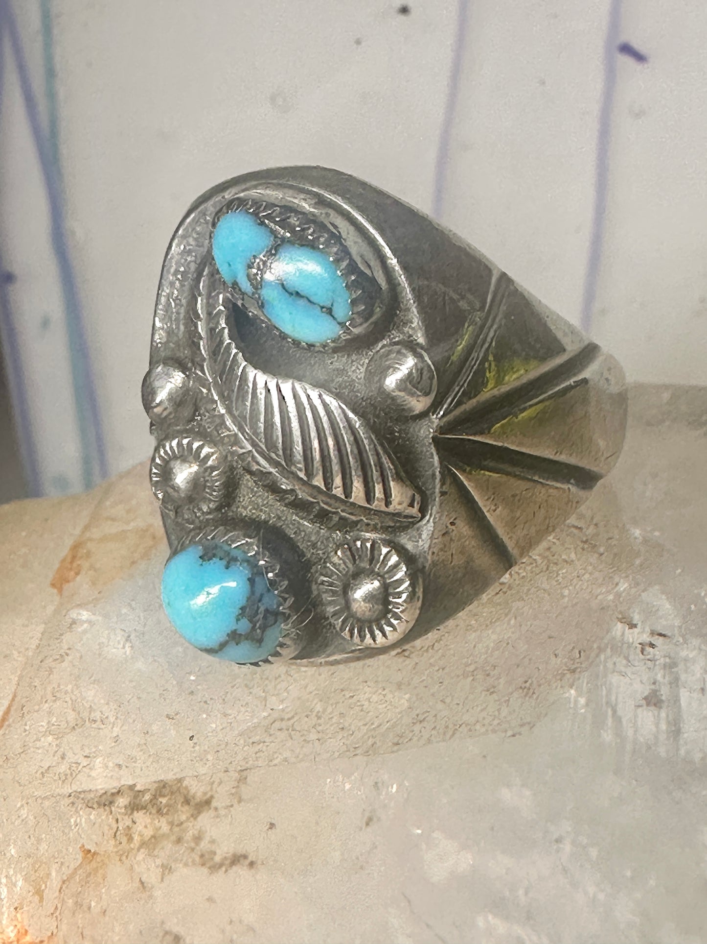 Navajo ring Turquoise feather leaf sign J Silversmith size 11 sterling silver women men