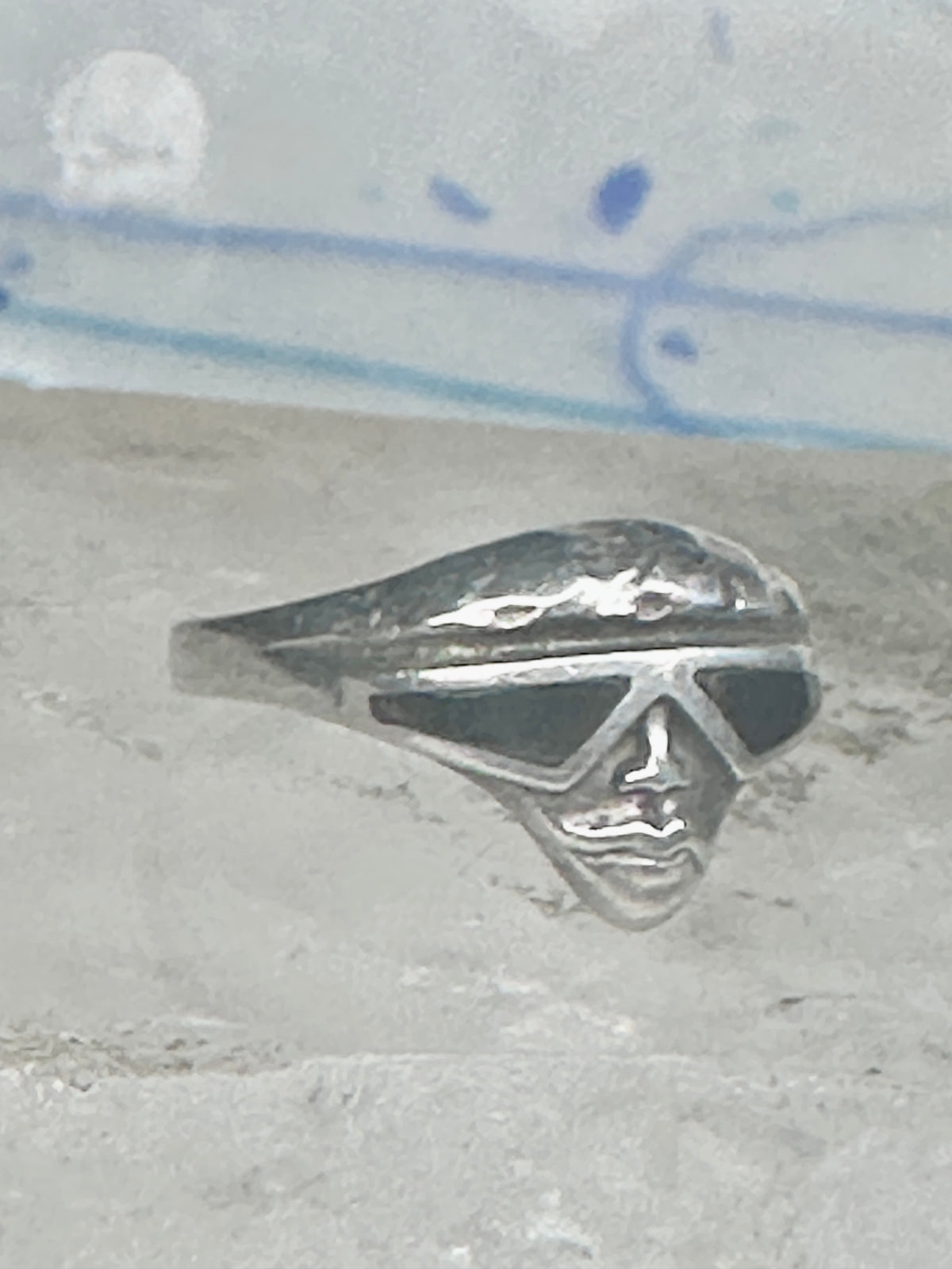 Vintage Sterling Silver Onyx Inlay Alien Futuristic Face Sunglasses Ring Size 6 925