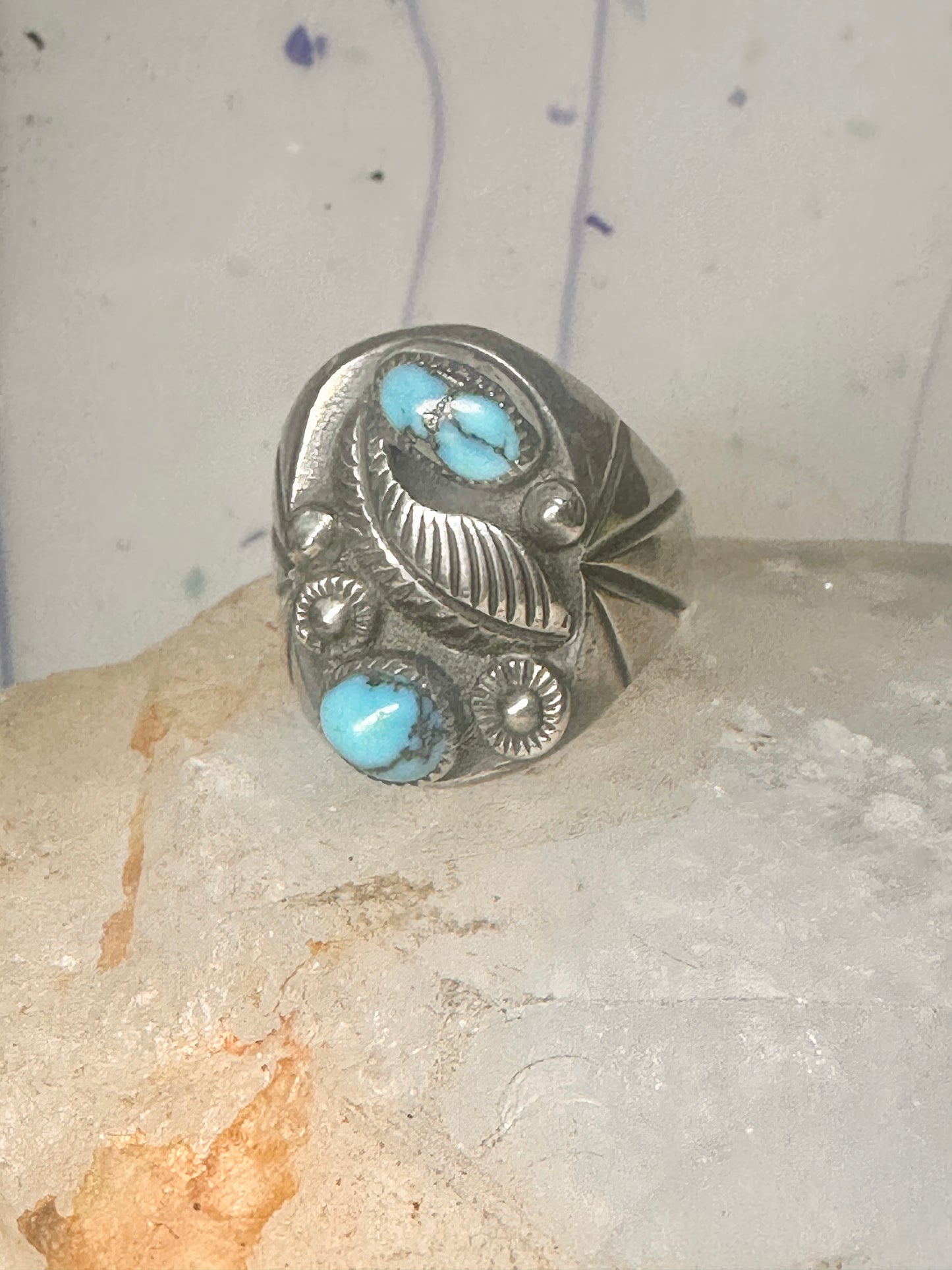 Navajo ring Turquoise feather leaf sign J Silversmith size 11 sterling silver women men