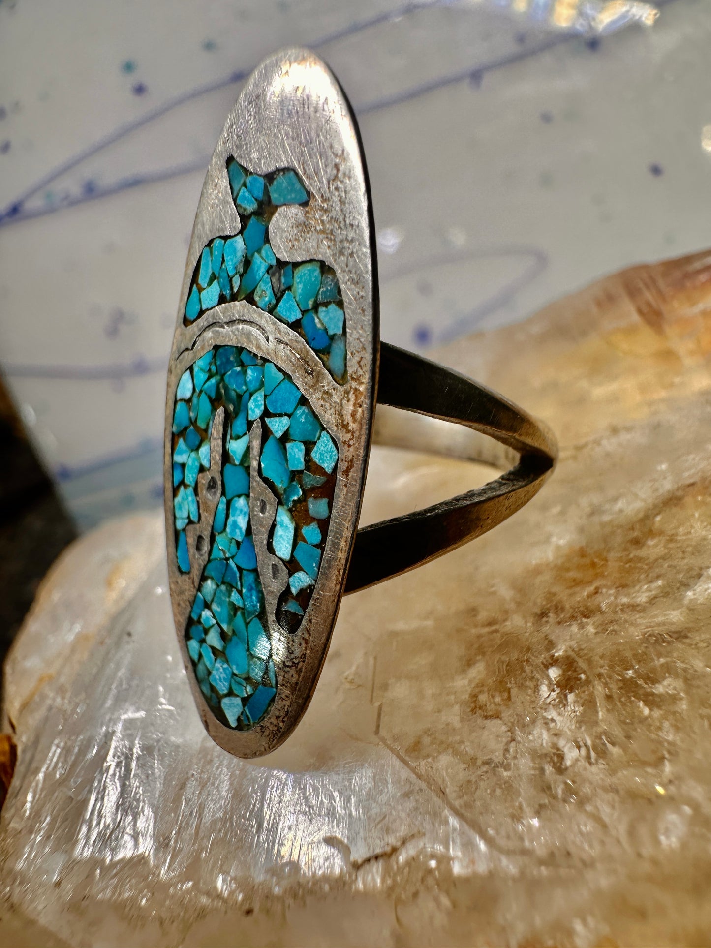 Long Phoenix ring southwest turquoise chips size 8 sterling silver women