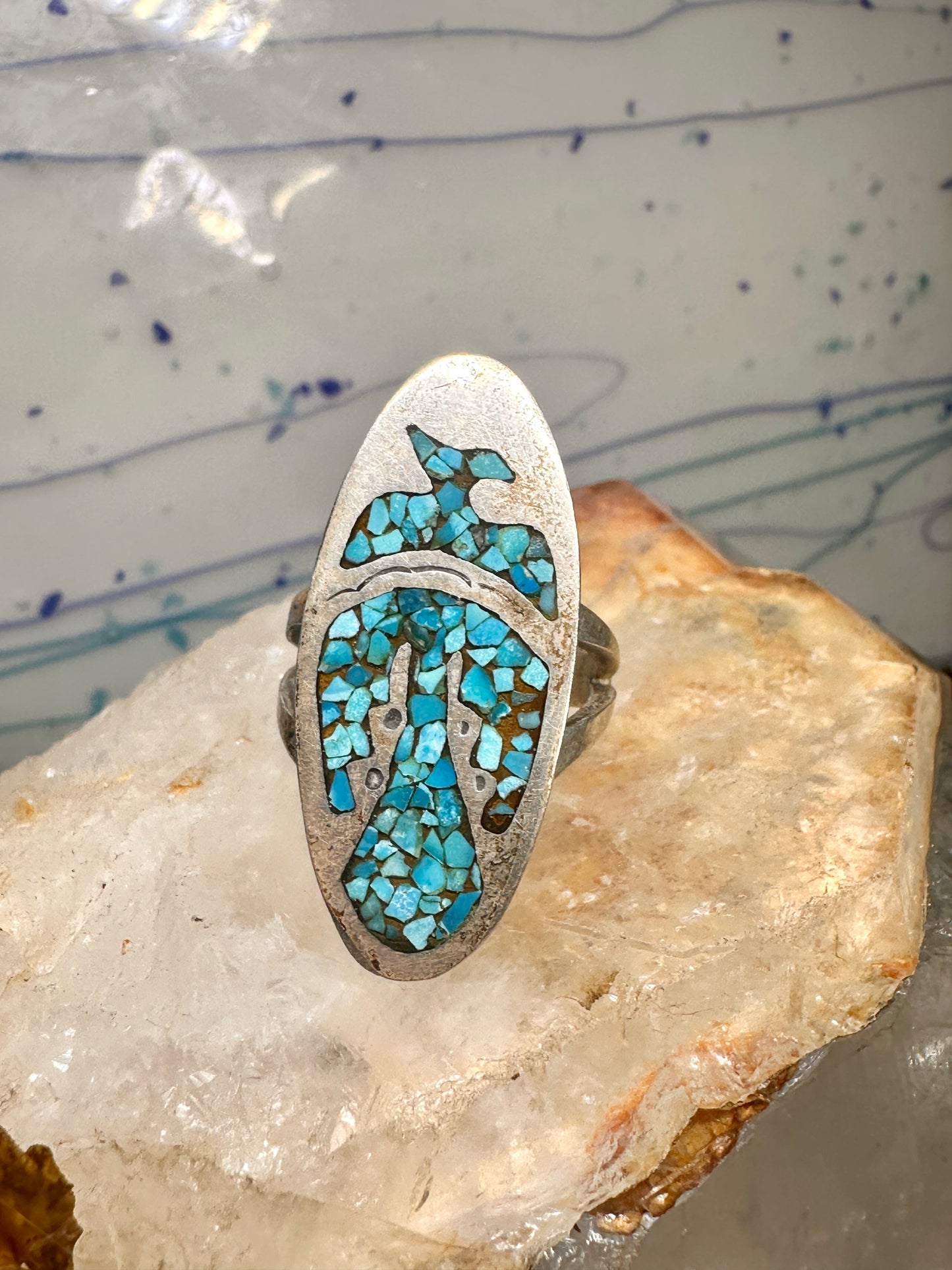 Long Phoenix ring southwest turquoise chips size 8 sterling silver women