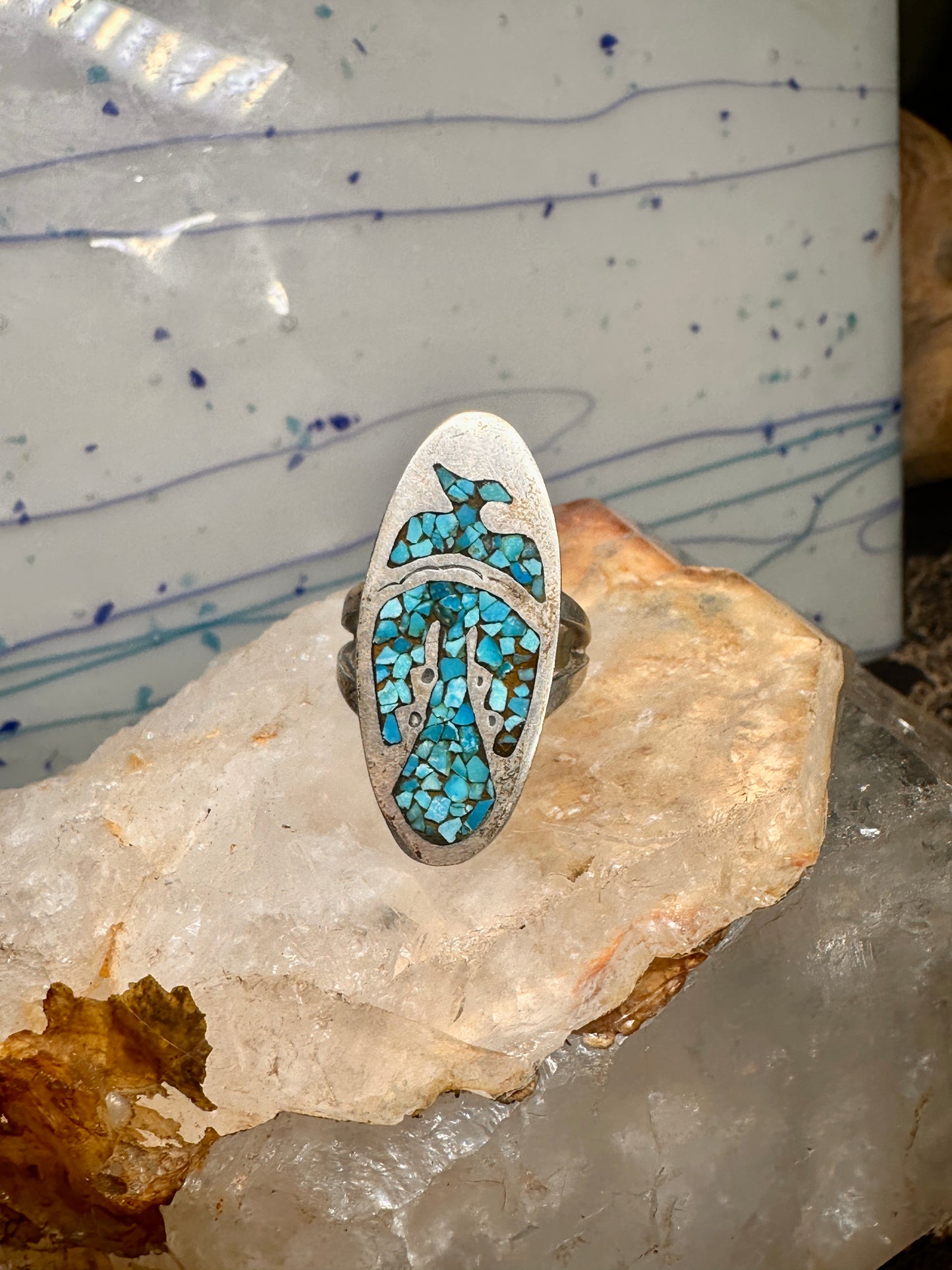 Long Phoenix ring southwest turquoise chips size 8 sterling silver women