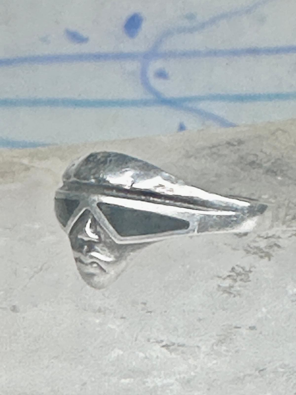 Vintage Sterling Silver Onyx Inlay Alien Futuristic Face Sunglasses Ring Size 6 925