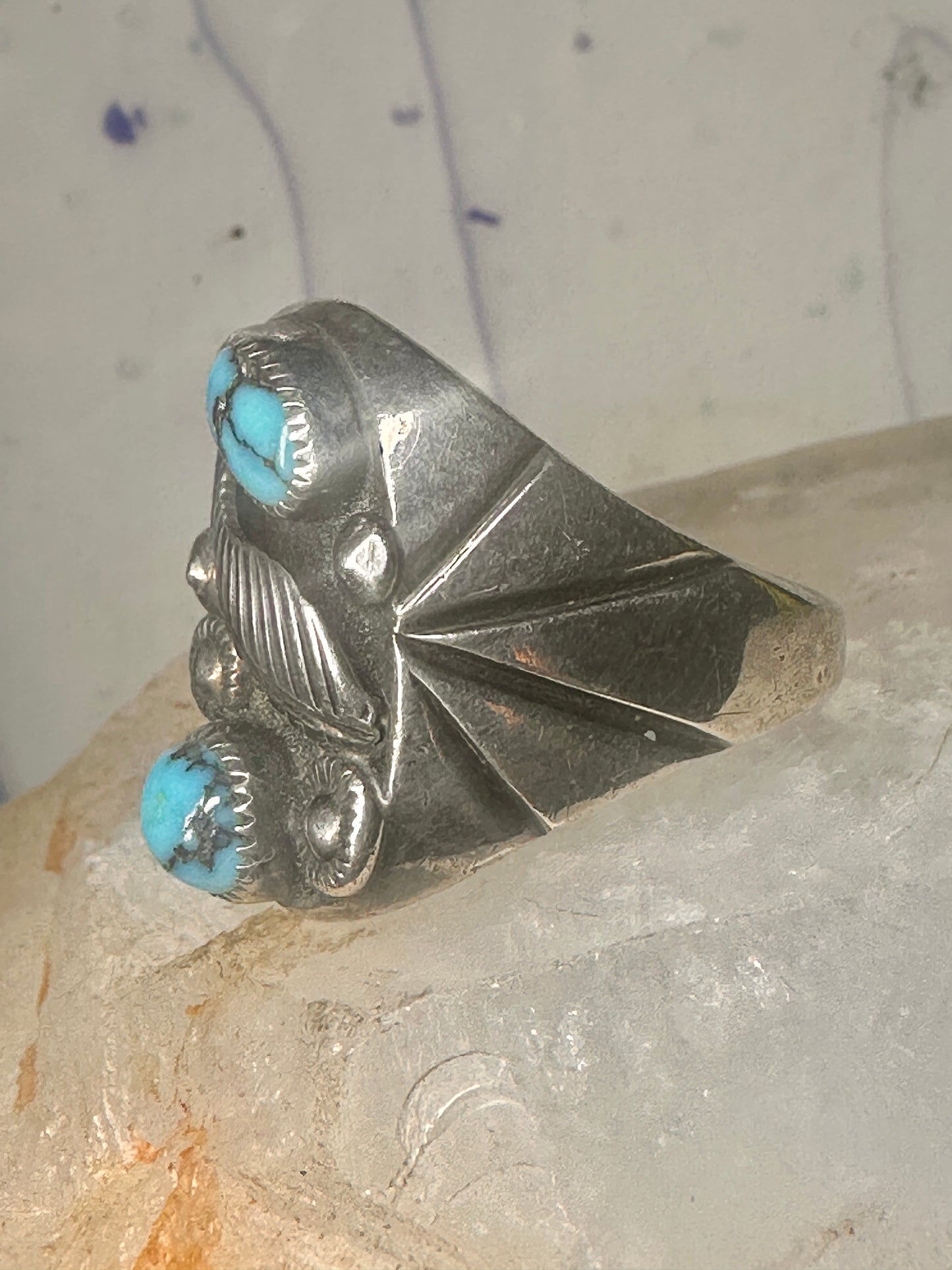Navajo ring Turquoise feather leaf sign J Silversmith size 11 sterling silver women men
