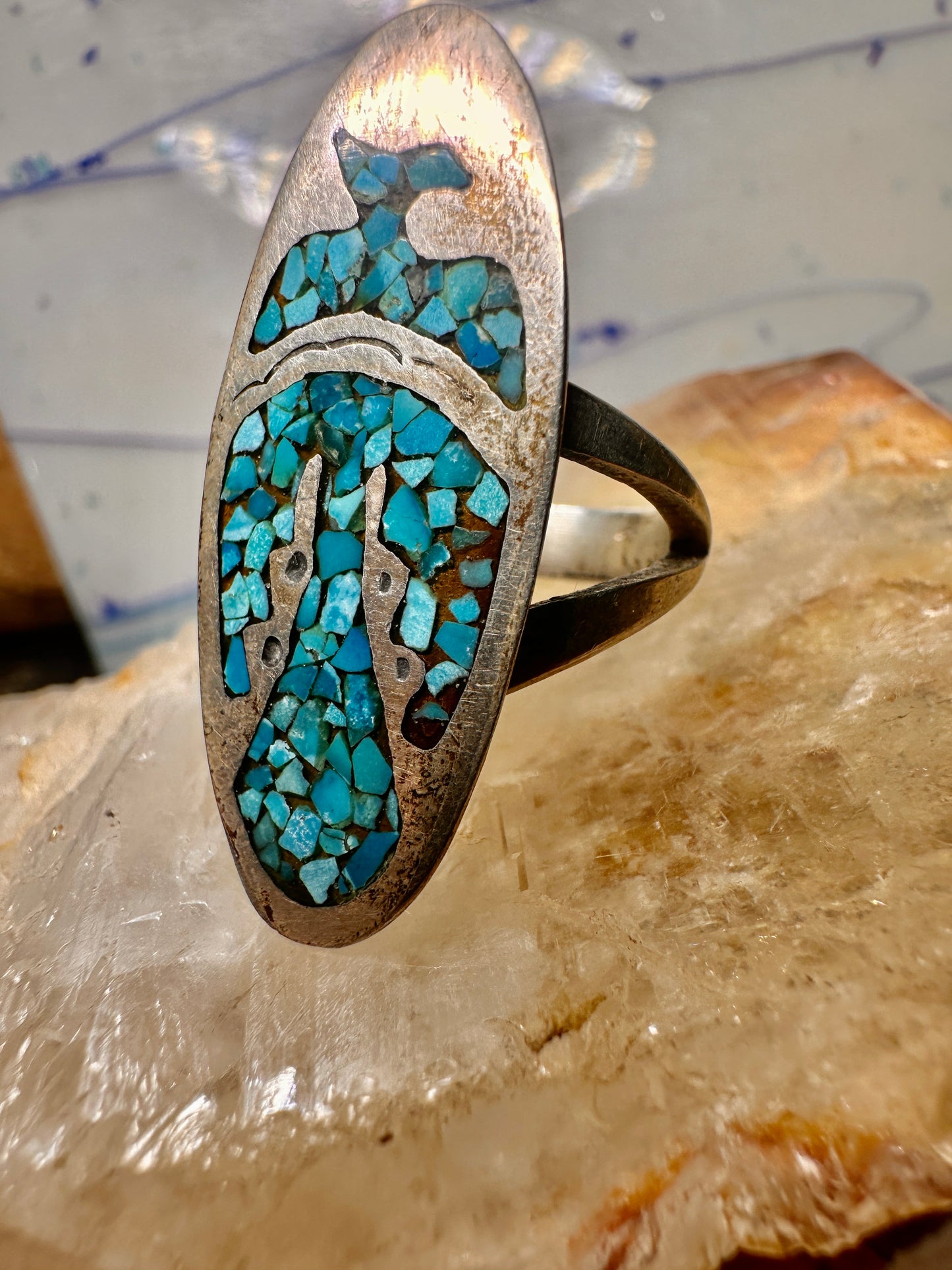 Long Phoenix ring southwest turquoise chips size 8 sterling silver women