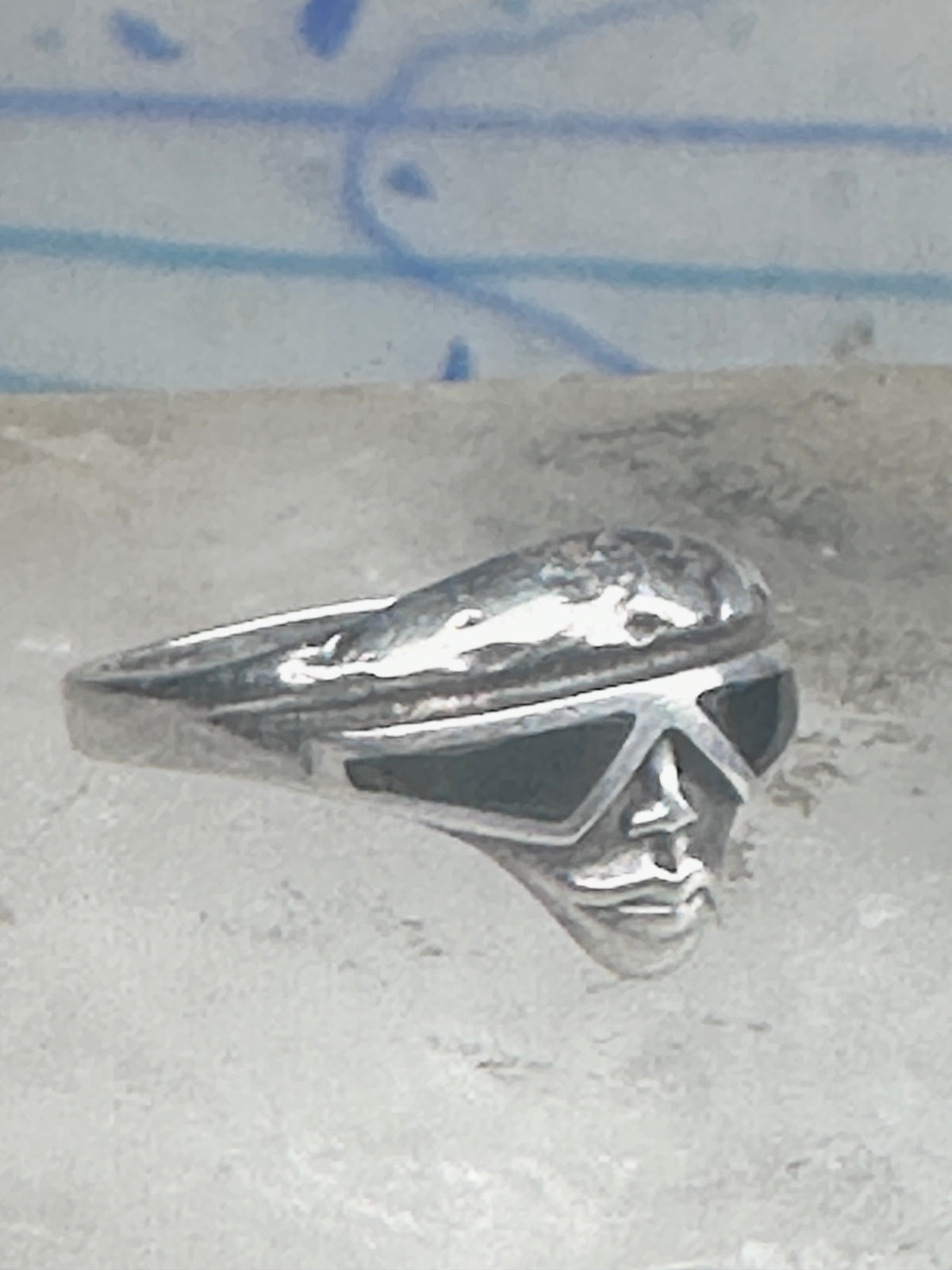 Vintage Sterling Silver Onyx Inlay Alien Futuristic Face Sunglasses Ring Size 6 925
