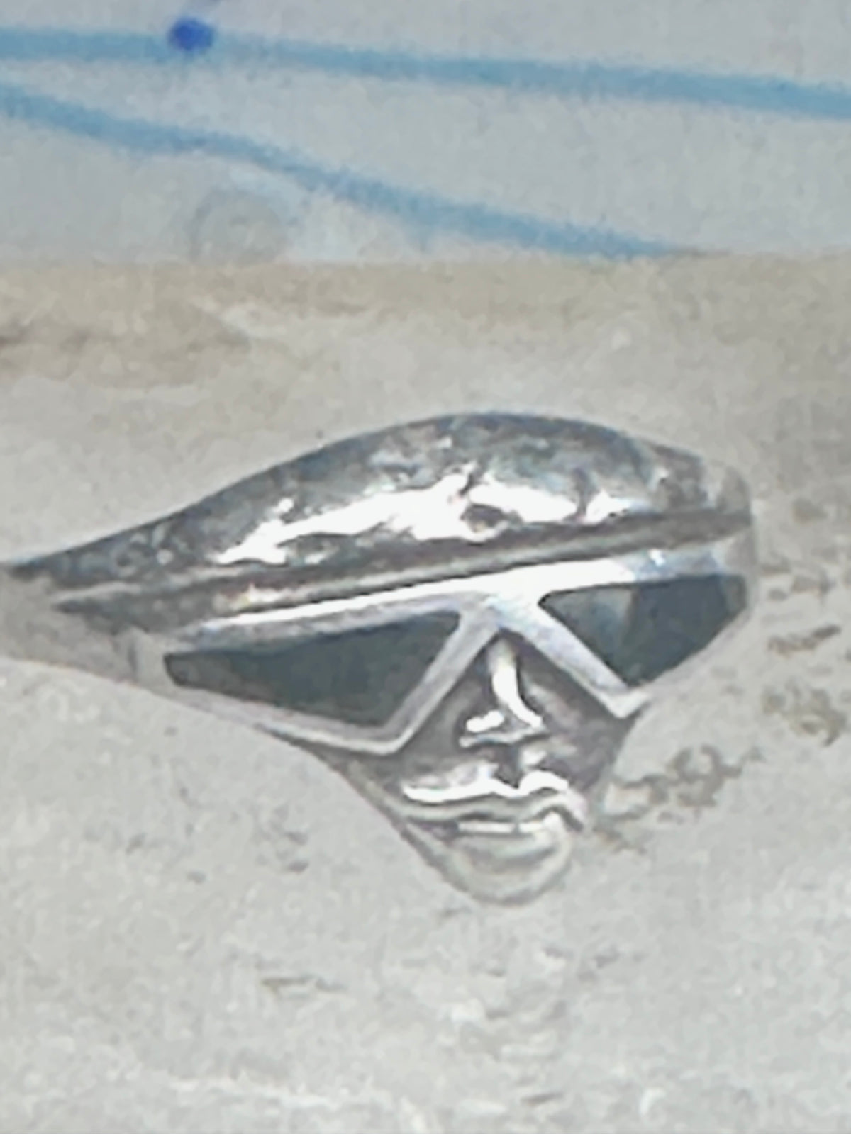 Vintage Sterling Silver Onyx Inlay Alien Futuristic Face Sunglasses Ring Size 6 925